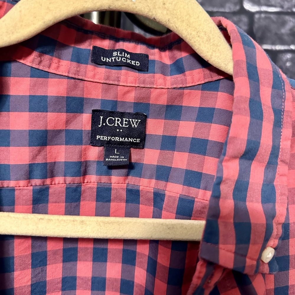 J. Crew Men's Coral and Navy Plaid Shirt
